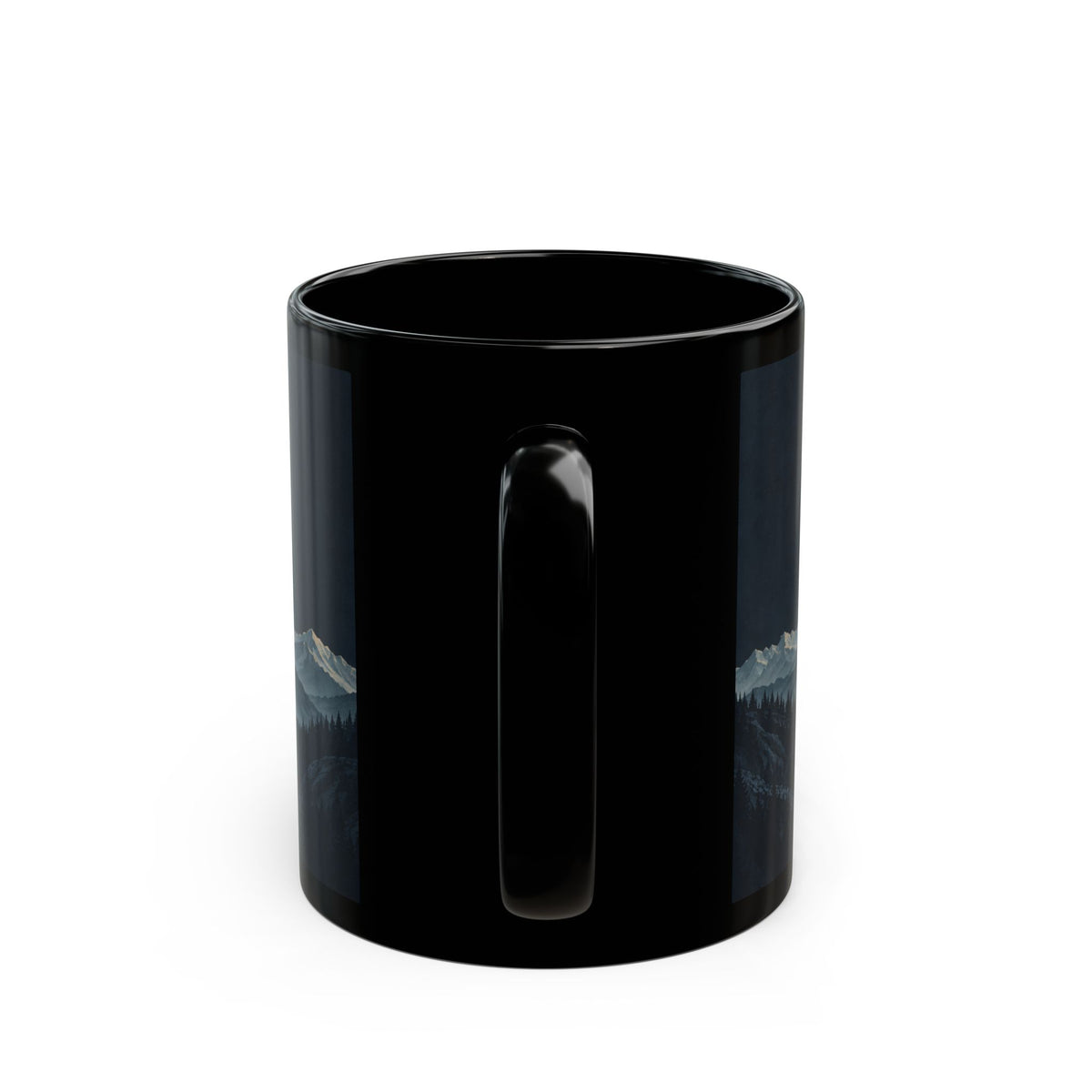 Evolve Mountain Black Mug — Scenic Forest Peaks Coffee Cup (11oz & 15oz)
