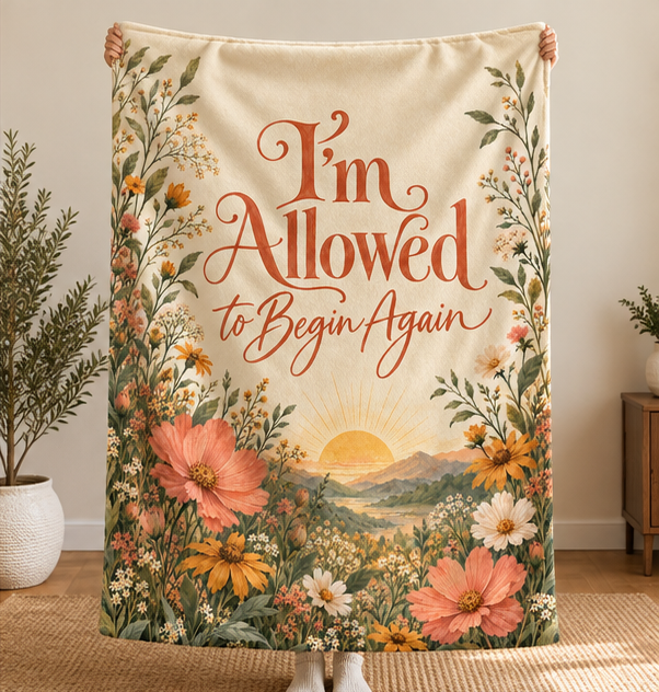 Sherpa Blanket — "I'm Allowed to Begin Again" Floral Inspirational Throw