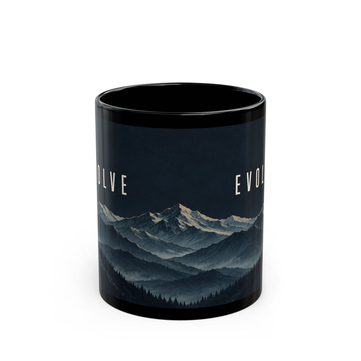 Evolve Mountain Black Mug — Scenic Forest Peaks Coffee Cup (11oz & 15oz)