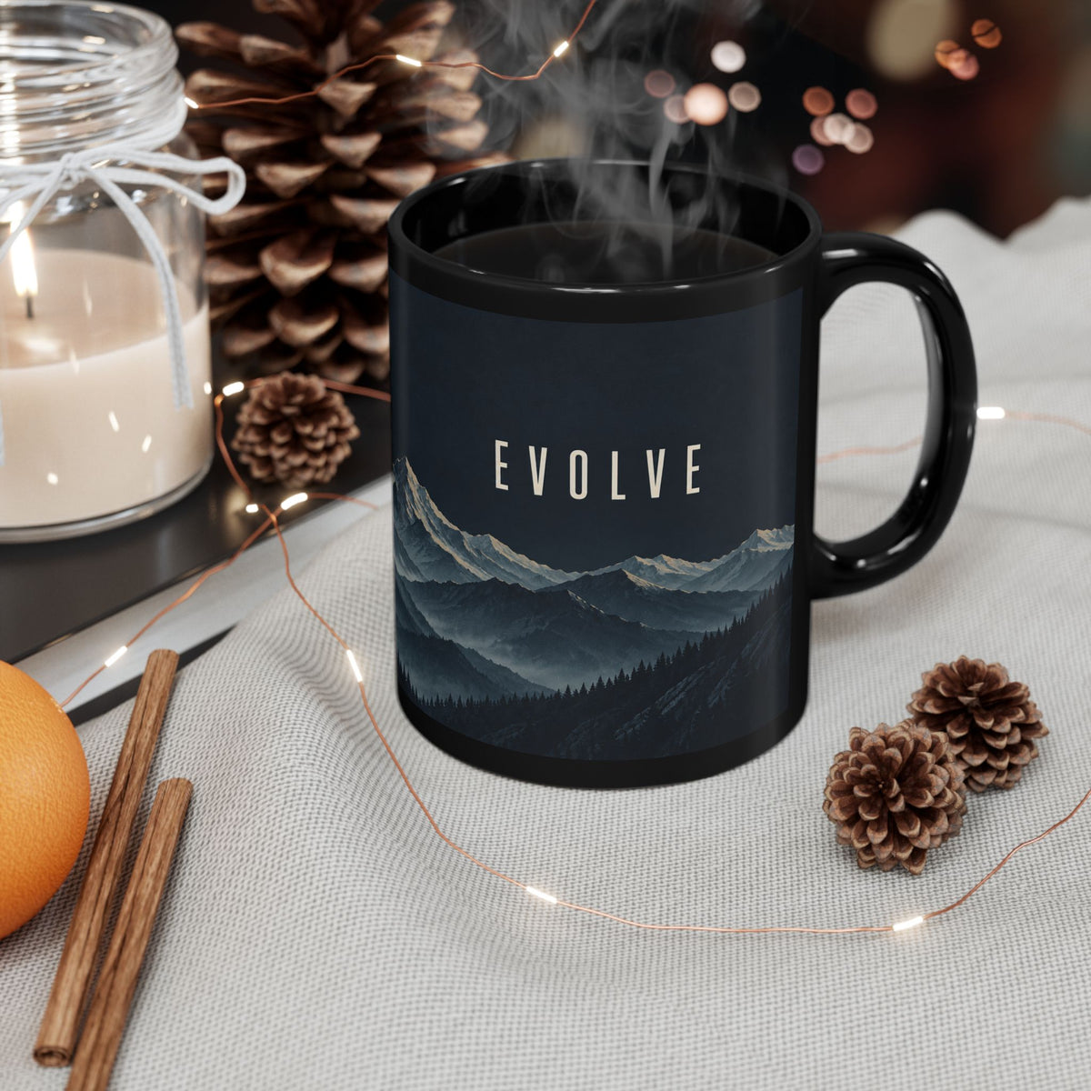 Evolve Mountain Black Mug — Scenic Forest Peaks Coffee Cup (11oz & 15oz)
