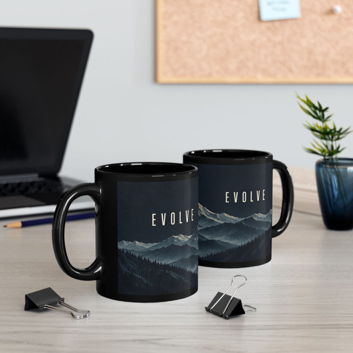 Evolve Mountain Black Mug — Scenic Forest Peaks Coffee Cup (11oz & 15oz)