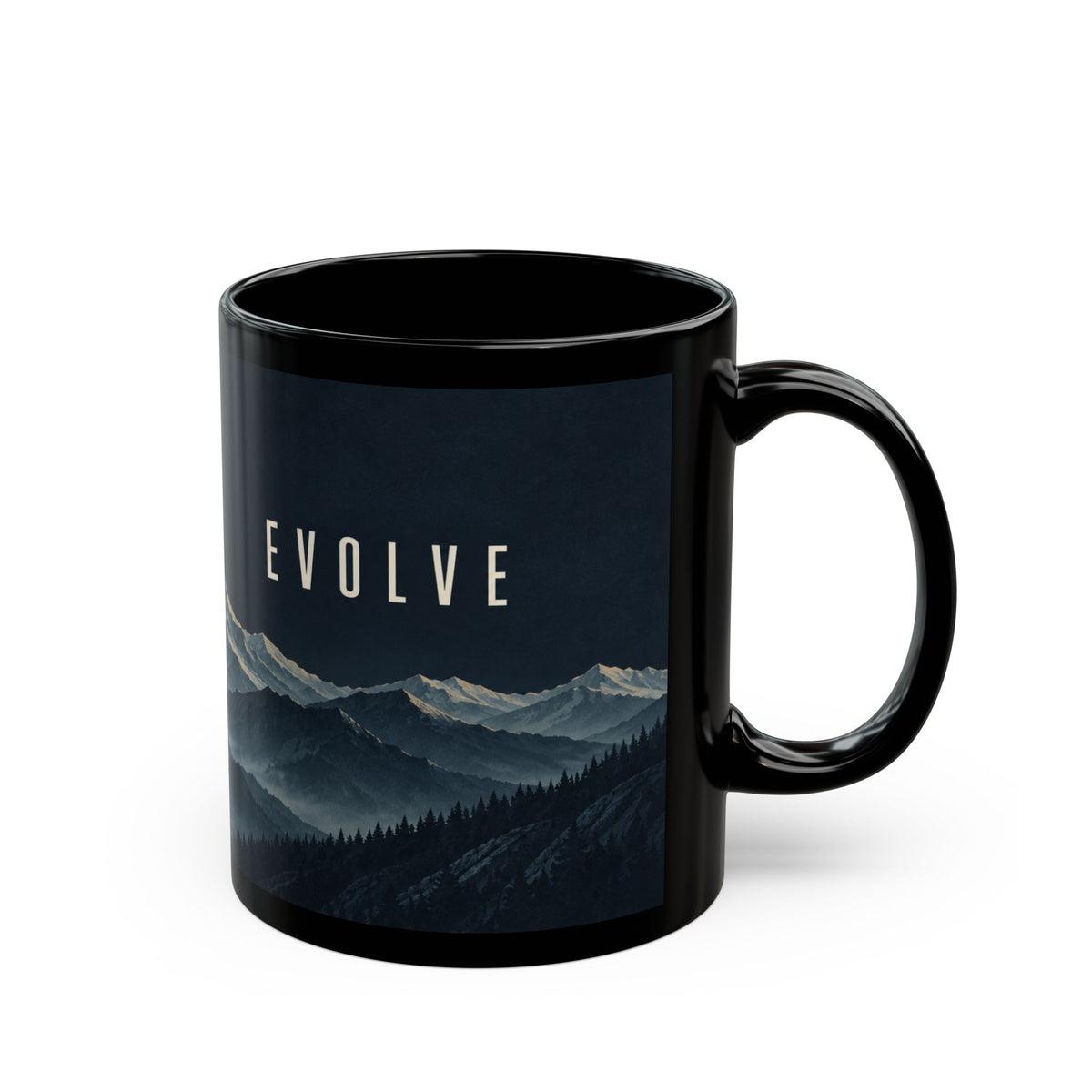 Evolve Mountain Black Mug — Scenic Forest Peaks Coffee Cup (11oz & 15oz)
