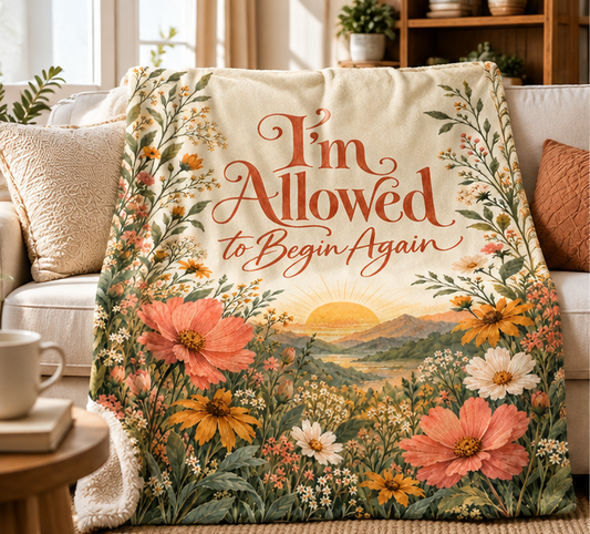 Sherpa Blanket — "I'm Allowed to Begin Again" Floral Inspirational Throw