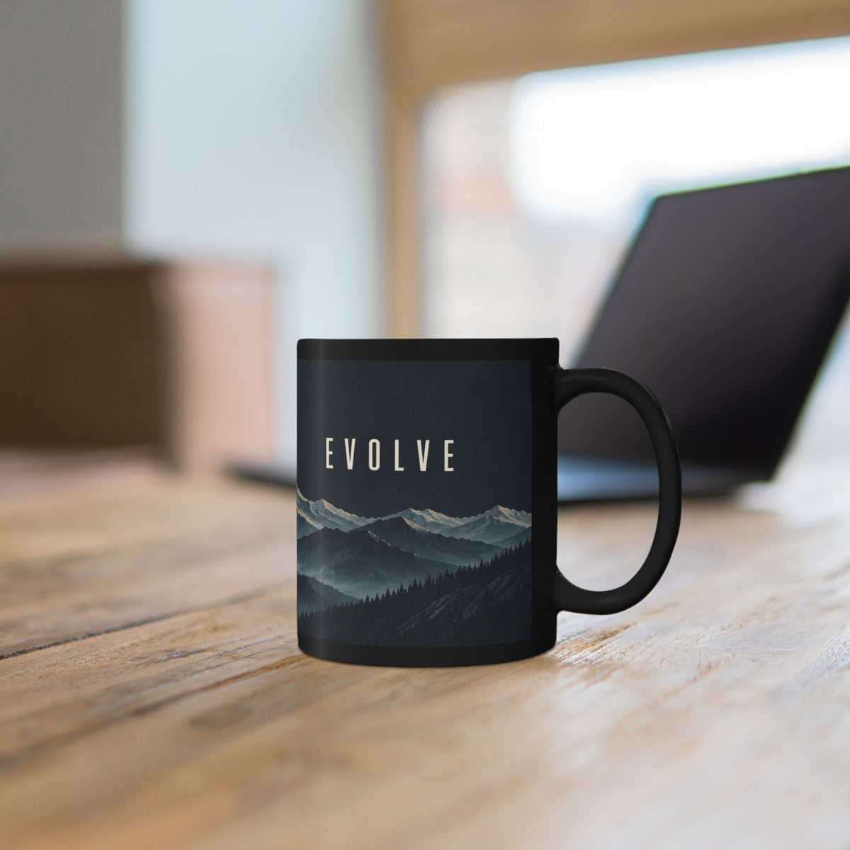 Evolve Mountain Black Mug — Scenic Forest Peaks Coffee Cup (11oz & 15oz)